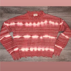 Poof Apparel Size Small Long Sleeved Sweater Pink & White Tie Dye Frayed Accents